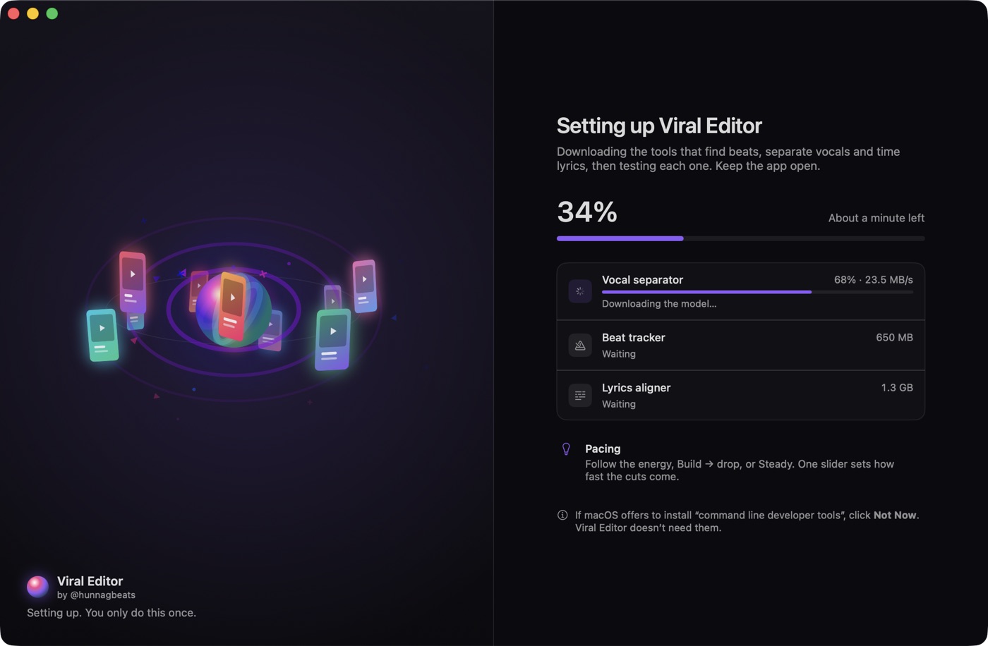 The setup screen: orbiting cards, a progress bar and an editor tip